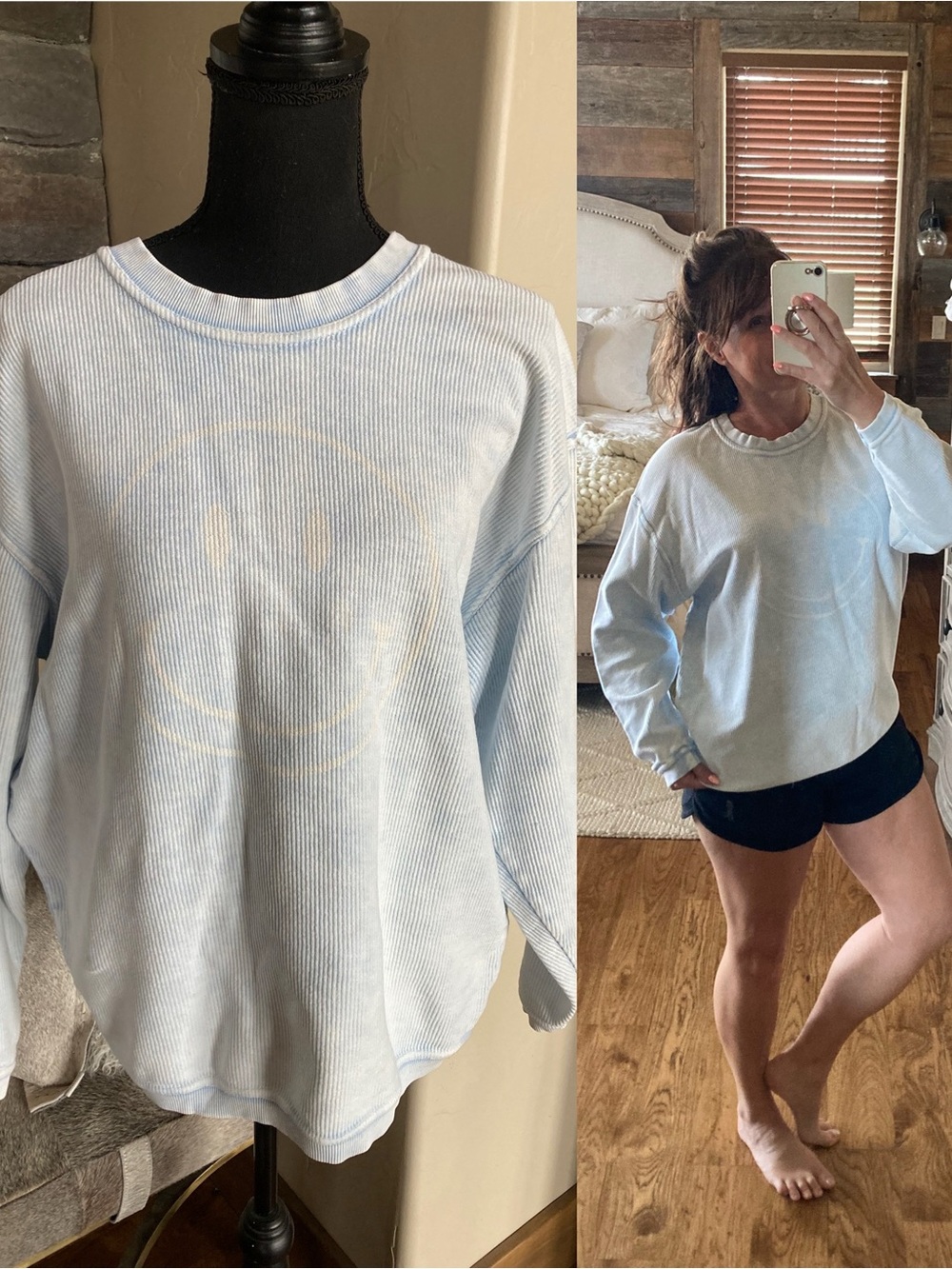 Oat Collective Washed Baby Blue Beachy Coastal Smiley Face Sweatshirt Size S